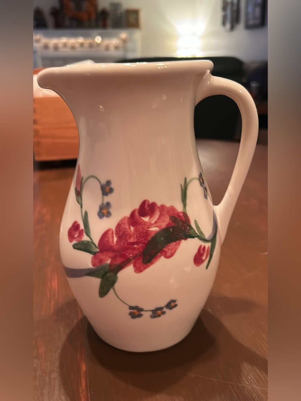 White Floral Ceramic Pitcher with Red Rose Motif